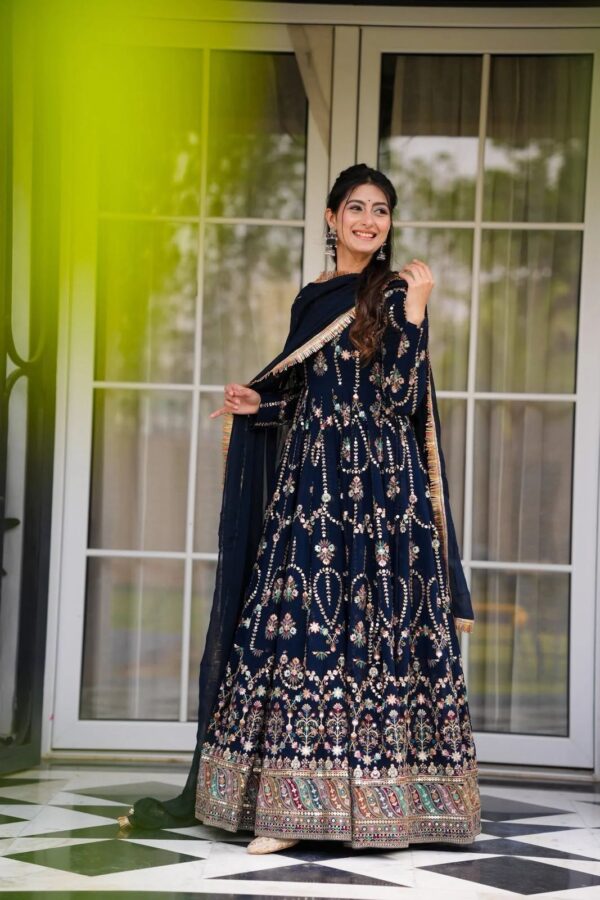 Blue Color Faux Georgette Fabric Thread With Sequence Work Suit