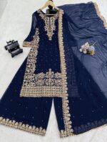 Blue Faux Georgette Fabric Palazzo Set With Pearl Work