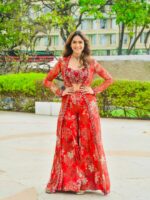 Bollywood Actress Mrunal Thakur Designer Red Tabby Silk Fabric Digital Print Sharara Set