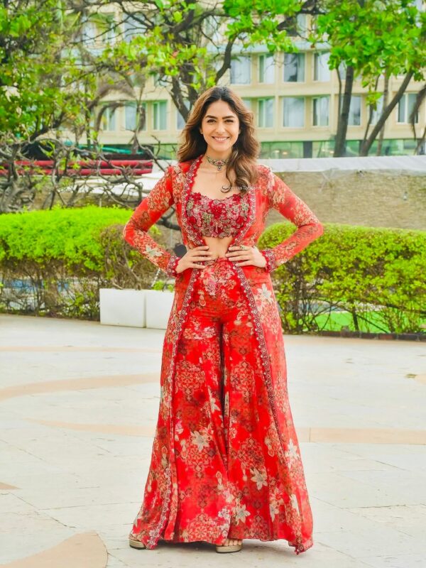 Bollywood Actress Mrunal Thakur Designer Red Tabby Silk Fabric Digital Print Sharara Set