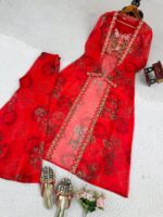Bollywood Actress Mrunal Thakur Designer Red Tabby Silk Fabric Digital Print Sharara Set