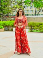 Bollywood Actress Mrunal Thakur Designer Red Tabby Silk Fabric Digital Print Sharara Set