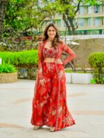 Bollywood Actress Mrunal Thakur Designer Red Tabby Silk Fabric Digital Print Sharara Set