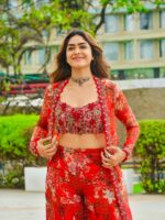 Bollywood Actress Mrunal Thakur Designer Red Tabby Silk Fabric Digital Print Sharara Set