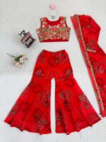 Bollywood Actress Mrunal Thakur Designer Red Tabby Silk Fabric Digital Print Sharara Set