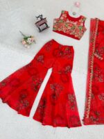 Bollywood Actress Mrunal Thakur Designer Red Tabby Silk Fabric Digital Print Sharara Set