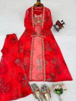 Bollywood Actress Mrunal Thakur Designer Red Tabby Silk Fabric Digital Print Sharara Set