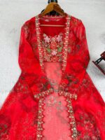 Bollywood Actress Mrunal Thakur Designer Red Tabby Silk Fabric Digital Print Sharara Set