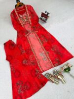 Bollywood Actress Mrunal Thakur Designer Red Tabby Silk Fabric Digital Print Sharara Set