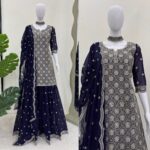 Dark Blue Color Faux Georgette Fabric Thread With Sequence Work Palazzo Set