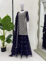 Dark Blue Color Faux Georgette Fabric Thread With Sequence Work Palazzo Set