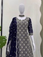 Dark Blue Color Faux Georgette Fabric Thread With Sequence Work Palazzo Set