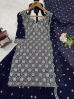 Dark Blue Color Faux Georgette Fabric Thread With Sequence Work Palazzo Set