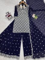 Dark Blue Color Faux Georgette Fabric Thread With Sequence Work Palazzo Set