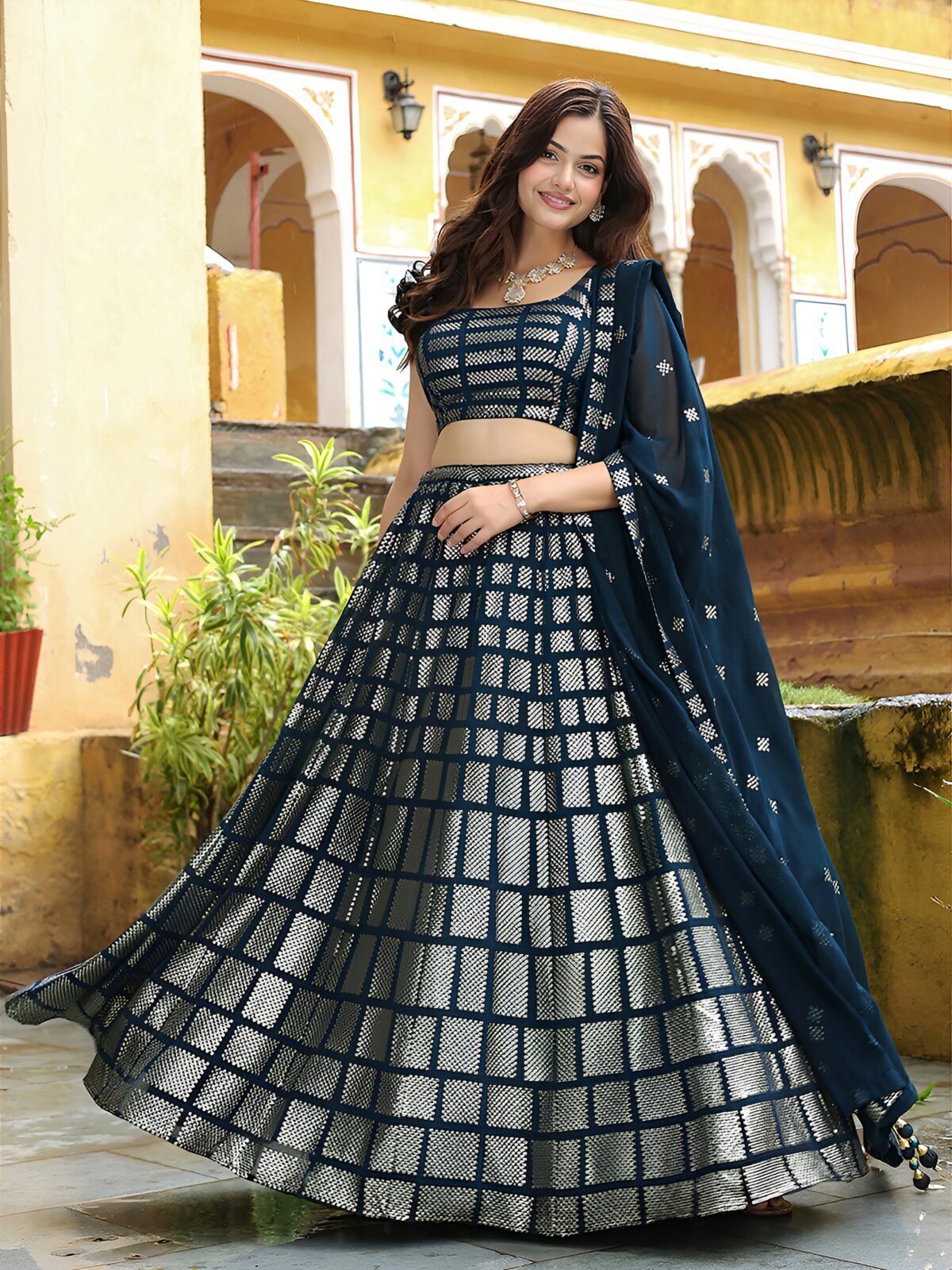 Dark Blue Color Georgette Fabric Sequence With Thread Embroidery Work Lehenga