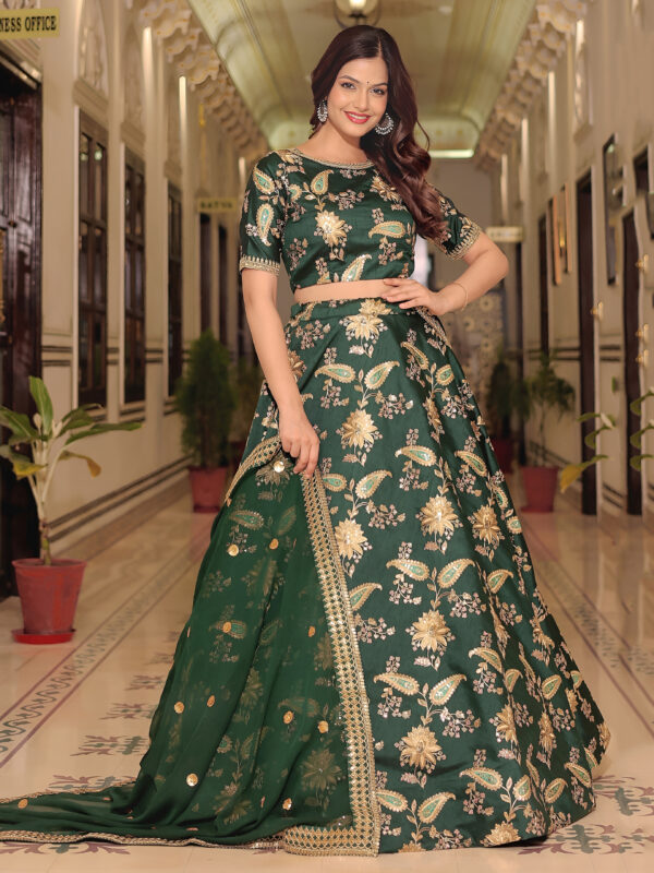 Dark Green Color Art Silk Fabric Sequence Embroidery Work Lehenga