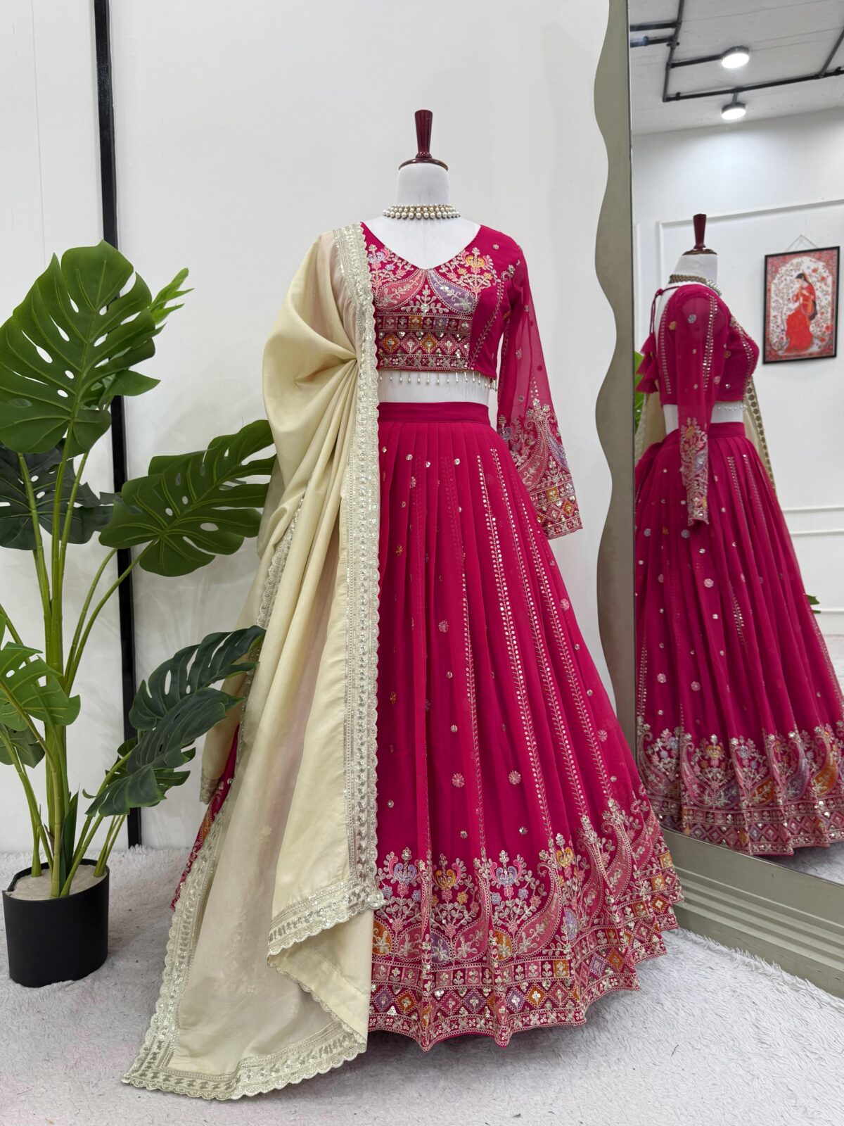 Dark Pink Color Faux Georgette Fabric Thread With Sequence Work Lehenga