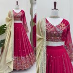 Dark Pink Color Faux Georgette Fabric Thread With Sequence Work Lehenga