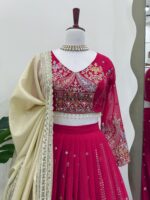Dark Pink Color Faux Georgette Fabric Thread With Sequence Work Lehenga