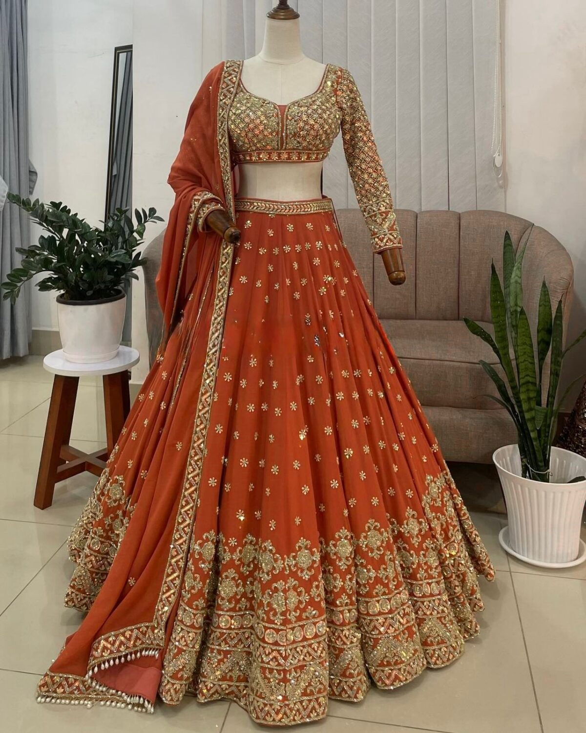 Fanta Color Faux Georgette Fabric Thread And Sequence Work Lehenga
