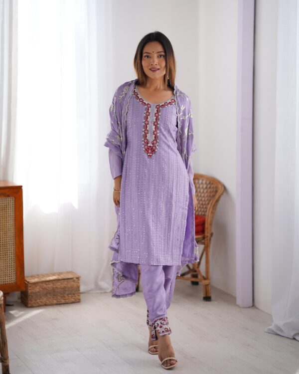Lavender Color Chinon Silk Fabric Thread With Sequence Work Suit