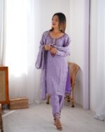 Lavender Color Chinon Silk Fabric Thread With Sequence Work Suit
