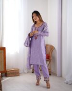 Lavender Color Chinon Silk Fabric Thread With Sequence Work Suit