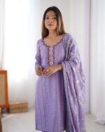 Lavender Color Chinon Silk Fabric Thread With Sequence Work Suit