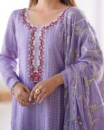 Lavender Color Chinon Silk Fabric Thread With Sequence Work Suit