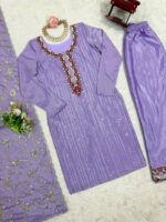 Lavender Color Chinon Silk Fabric Thread With Sequence Work Suit