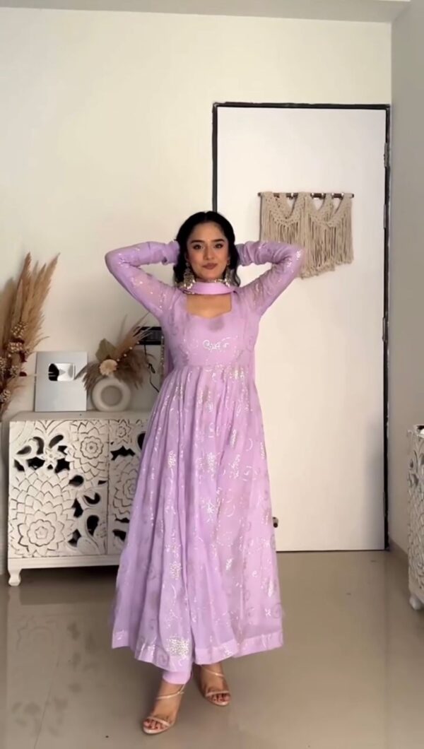Lavender Color Faux Georgette Fabric Foil Work Gown