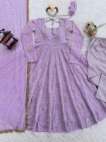 Lavender Color Faux Georgette Fabric Foil Work Gown