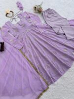 Lavender Color Faux Georgette Fabric Foil Work Gown