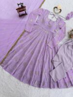 Lavender Color Faux Georgette Fabric Foil Work Gown