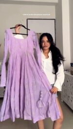 Lavender Color Faux Georgette Fabric Foil Work Gown