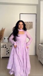 Lavender Color Faux Georgette Fabric Foil Work Gown