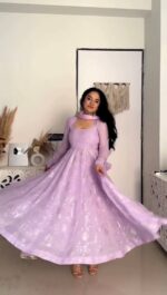 Lavender Color Faux Georgette Fabric Foil Work Gown