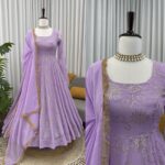 Lavender Color Faux Georgette Fabric Foil Work Gown