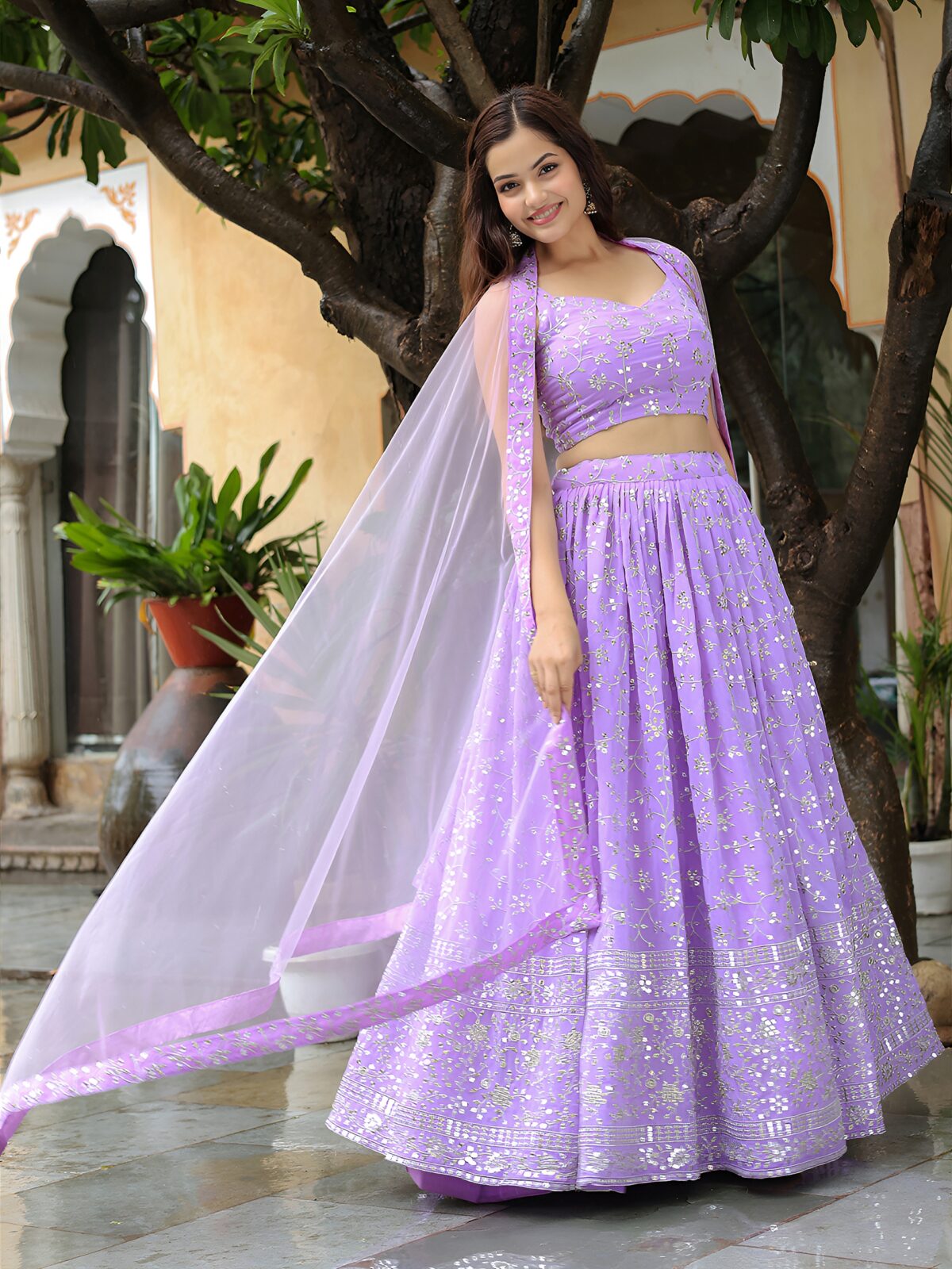 Lavender Color Georgette Fabric Jari With Sequence Embroidery Work Lehenga