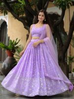 Lavender Color Georgette Fabric Jari With Sequence Embroidery Work Lehenga