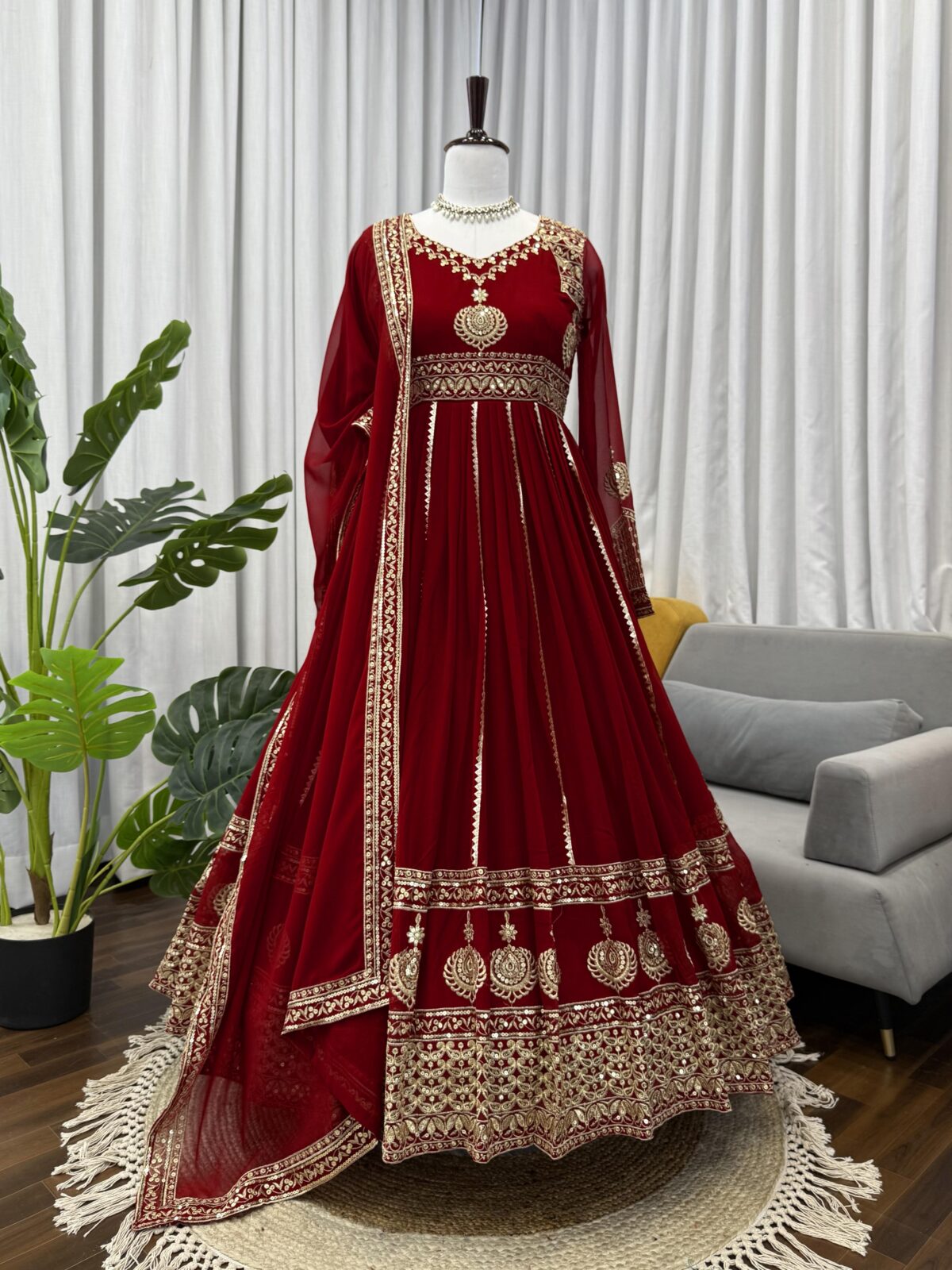 Maroon Color Faux Georgette Fabric Thread With Sequence Work Anarkali Suit
