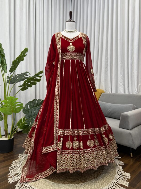 Maroon Color Faux Georgette Fabric Thread With Sequence Work Anarkali Suit