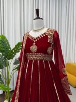 Maroon Color Faux Georgette Fabric Thread With Sequence Work Anarkali Suit