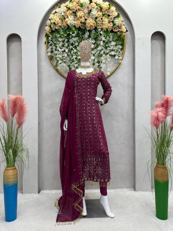 Maroon Color Faux Georgette Fabric With Real Mirror Work Suit