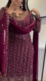 Maroon Color Faux Georgette Fabric With Real Mirror Work Suit