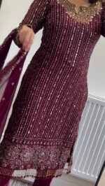 Maroon Color Faux Georgette Fabric With Real Mirror Work Suit