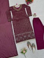Maroon Color Faux Georgette Fabric With Real Mirror Work Suit