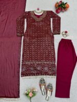Maroon Color Faux Georgette Fabric With Real Mirror Work Suit