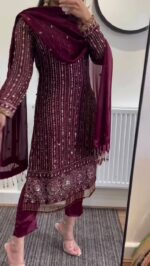 Maroon Color Faux Georgette Fabric With Real Mirror Work Suit