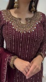 Maroon Color Faux Georgette Fabric With Real Mirror Work Suit